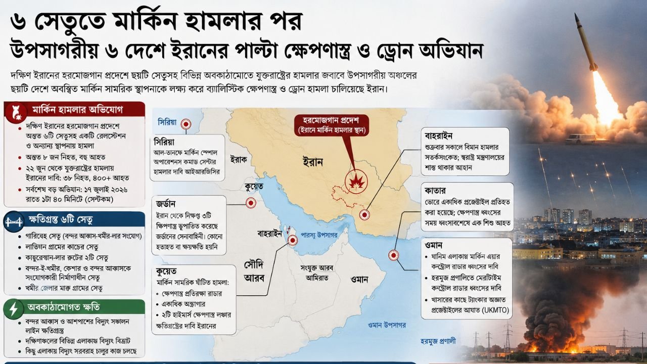 ৬ সেতুতে মার্কিন হামলার পর উপসাগরীয় ৬ দেশে ইরানের পাল্টা ক্ষেপণাস্ত্র ও ড্রোন অভিযান