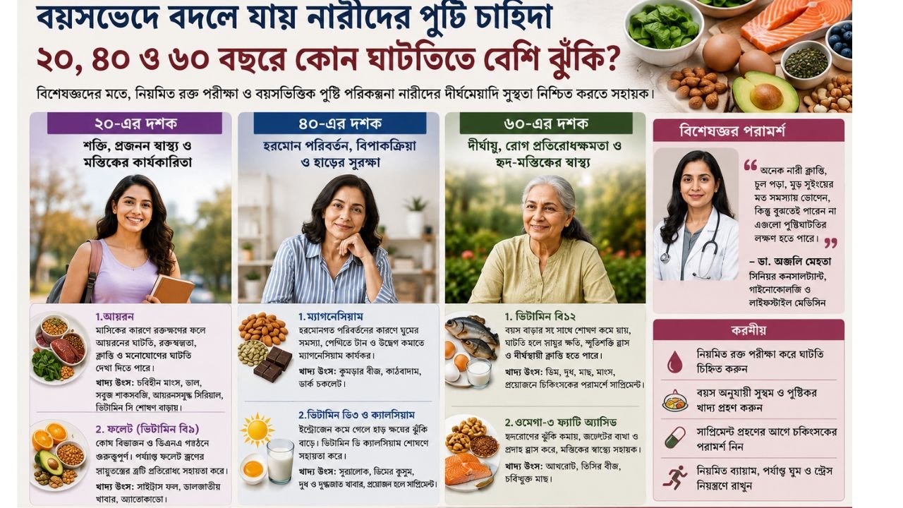 নারীদের পুষ্টি চাহিদা বয়সভেদে ভিন্ন: ২০, ৪০ ও ৬০ বছরে কোন ঘাটতিতে বেশি ঝুঁকি?
