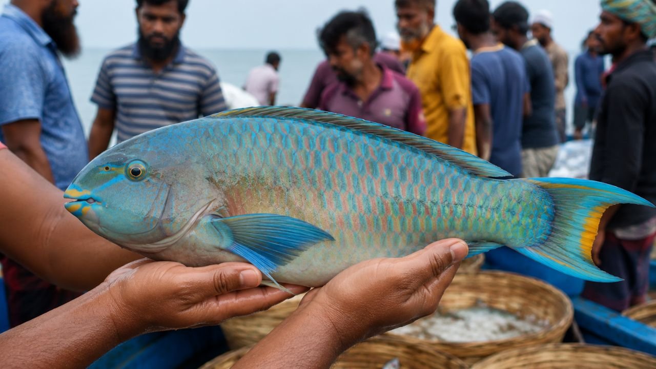 বঙ্গোপসাগরে জেলের জালে ধরা পড়ল বিরল প্রজাতির ‘ধোফার প্যারটফিশ’