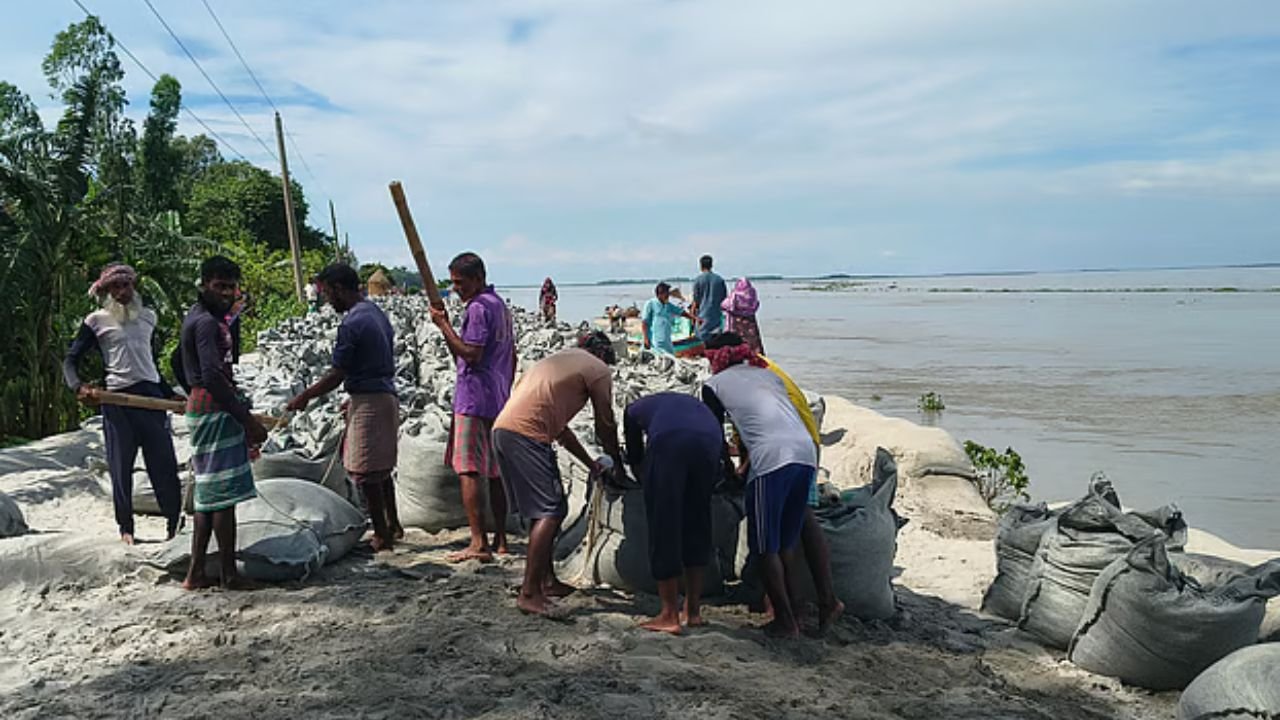 ব্রহ্মপুত্রের ডান তীর রক্ষা বাঁধে ফের ধস, মাইকে ঘোষণা শুনে ভাঙনরোধে নামলেন শত শত মানুষ