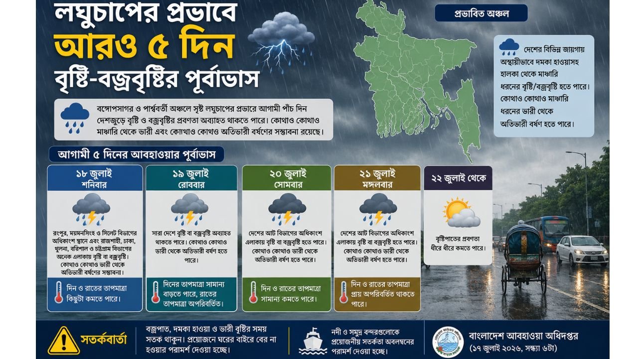 লঘুচাপের প্রভাবে আরও ৫ দিন বৃষ্টি-বজ্রবৃষ্টির পূর্বাভাস