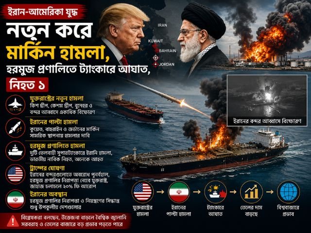 ইরান-আমেরিকা যুদ্ধ: নতুন করে মার্কিন হামলা, হরমুজ প্রণালিতে ট্যাঙ্কারে আঘাত, নিহত ১
